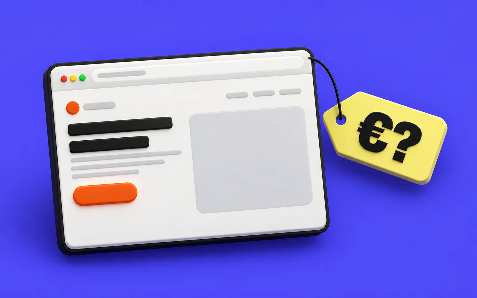 A website window with a “€?” price tag attached, on a violet background.